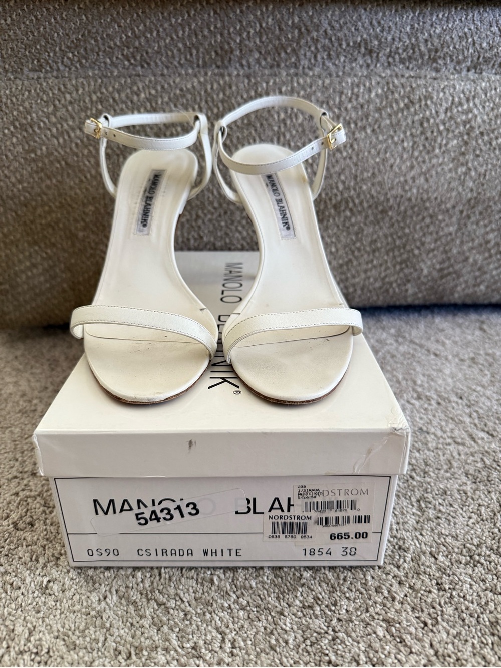 Manolo Blahnik White Leather Open-Toe Ankle-Strap Heels